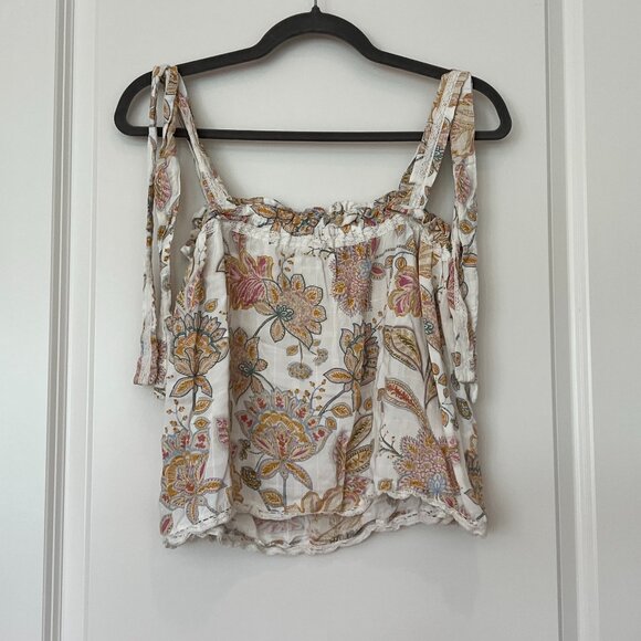 Lucky Brand Easy Tie Shoulder Tank Top in Ivory with Floral Print & Lace Trim - Picture 4 of 9